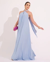 Vestido Longo com Amarração em Malha Azul Claro
