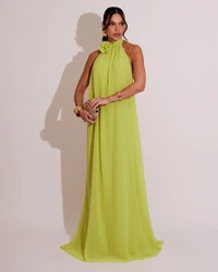Vestido Longo Crepe Frente Única Fluido Flor Removível Verde Lima