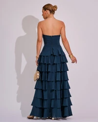 Vestido Longo Crepe Chiffon Tomara que Caia Plissado em Camadas Verde Escuro