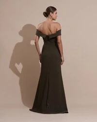 Vestido de Festa Longo Alfaiataria Ombro a Ombro com Fenda Verde Oliva