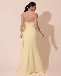 Vestido de Festa Longo Alfaiataria Tomara que Caia Drapeado Faixa Amarelo Manteiga