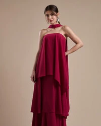 Vestido de Festa Longo Chiffon Crepe em Camadas com Lenço Cereja