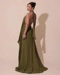 Vestidos de Festa Longo Chiffon Fluido Frente Única Plissado Duplo Verde Oliva New