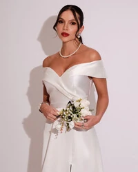 Vestido de Festa Longo Zibeline Ombro a Ombro com Fenda Branco