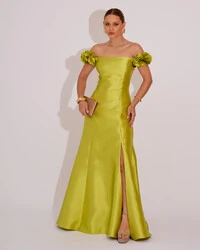 Vestido Longo de Festa Zibeline Ombro a Ombro com Flores e Fenda Verde Lima