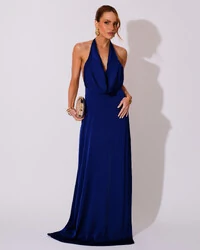 Vestido de Festa Longo Frente Única Degagê Cetim Fluido Azul Marinho