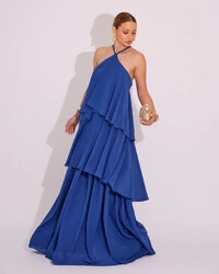 Vestido Longo Babado em Camadas Azul Royal