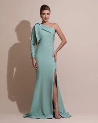 Vestido de Festa com Laço de Um Ombro em Alfaiataria Fenda Verde Menta