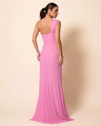 Vestido de Festa Longo Tule Tomara que Caia Faixa Detalhe Drapeado e Fenda Rosa