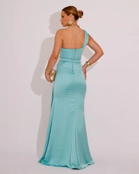 Vestido de Festa Longo Cetim Alfaiataria Tomara que Caia Faixa Tiffany