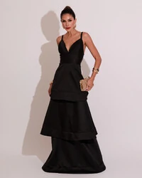 Vestido de Festa Longo Zibeline em Camadas Decote em V com Alças Preto