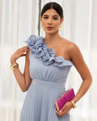 Vestido de Festa um Ombro Só Flor Saia Plissado Serenity