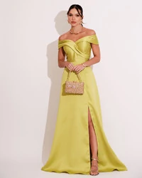 Vestido de Festa Longo Zibeline Ombro a Ombro com Fenda Verde Lima