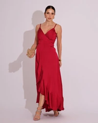 Vestido Midi Babado Acetinado Marsala