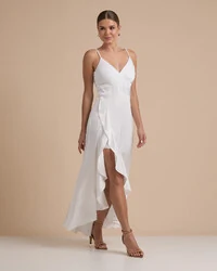 Vestido Midi Babado Acetinado Branco