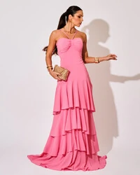 Vestido Longo Crepe com Babado em Camadas Rosa