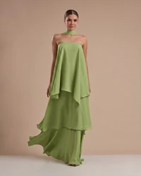 Vestido de Festa Longo Chiffon Crepe em Camadas com Lenço Verde Garden