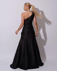 Vestido de Festa Longo Zibeline um Ombro Só Flor Removível Saia Sereia Preto