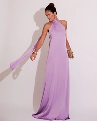 Vestido de Festa Gola Alta com Decote nas Costas Acetinado Lilás
