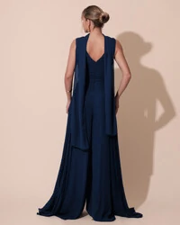 Macacão de Festa Longo Crepe Pantalona Plissado e Lenço Azul Marinho