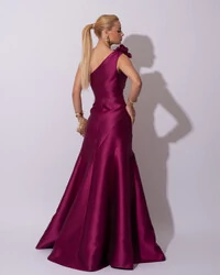 Vestido de Festa Longo Zibeline um Ombro Só Flor Removível Saia Sereia Fúcsia