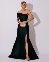 Vestido de Festa Zibeline com Faixa Ombro a Ombro Verde Escuro