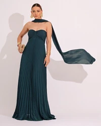 Vestido de Festa Longo Tomara que Caia Plissado com Lenço Verde