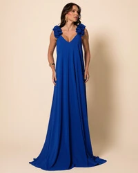 Vestido de Festa Longo Crepe Chiffon Fluido Decote em V Flores Azul Royal