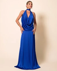 Vestido de Festa Longo Cetim Fluido Frente Única Degagê Mil Formas Azul Royal