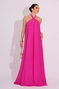 Vestido Longo com Amarração em Malha Pink