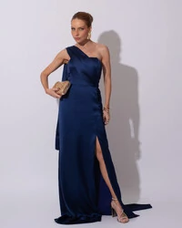 Vestido de Festa Longo Cetim Alfaiataria Tomara que Caia com Faixa Lenço Azul Marinho