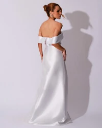 Vestido de Festa Longo Zibeline Ombro a Ombro Drapeado e Fenda Branco