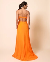 Vestido de Festa Longo Tomara que Caia Plissado Detalhe Laranja