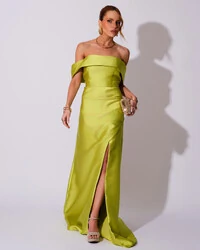 Vestido de Festa Longo Zibeline Ombro a Ombro Drapeado e Fenda Verde Lima