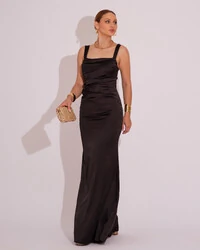 Vestido Longo de Festa Cetim Alfaiataria Drapeado Sereia Preto