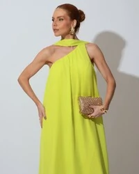 Vestido de Festa Longo Crepe Fluido um Ombro Só com Lenço Verde Lima