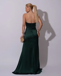 Vestido de Festa Longo Cetim Alfaiataria Tomara que Caia Fenda Verde Escuro