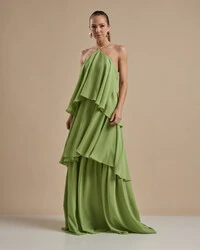 Vestido Longo Babado em Camadas Verde Garden