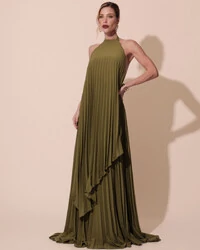 Vestidos de Festa Longo Chiffon Fluido Frente Única Plissado Duplo Verde Oliva New