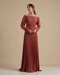 Vestido de Festa Longo Crepe Chiffon Plissado Ombro a Ombro Terracota