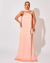 Vestido de Festa Longo em Cetim Fluido um Ombro Só Rose