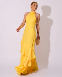 Vestido de Festa Longo Chiffon Crepe Gola Alta Babados Amarelo