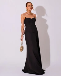 Vestido de Festa Longo Alfaiataria Tomara que Caia Drapeado Faixa Preto