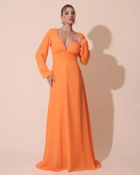 Vestido de Festa Manga Longa com Cintura Drapeada Decote V Laranja