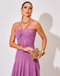 Vestido Longo Crepe com Babado em Camadas Fúcsia