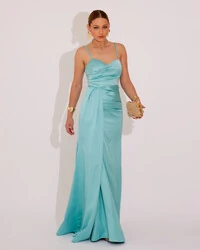 Vestido de Festa Longo Cetim Alfaiataria Fenda Drapeada Tiffany