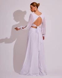 Vestido de Festa Longo com Mangas Longas Cintura Drapeada Branco