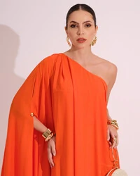 Vestido de Festa um Ombro com Capa Crepe Fluido Laranja