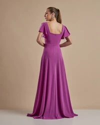 Vestido de Festa Longo Crepe Chiffon Manga Babado e Fenda Fúcsia