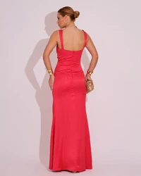 Vestido Longo de Festa Cetim Alfaiataria Drapeado Sereia Coral
